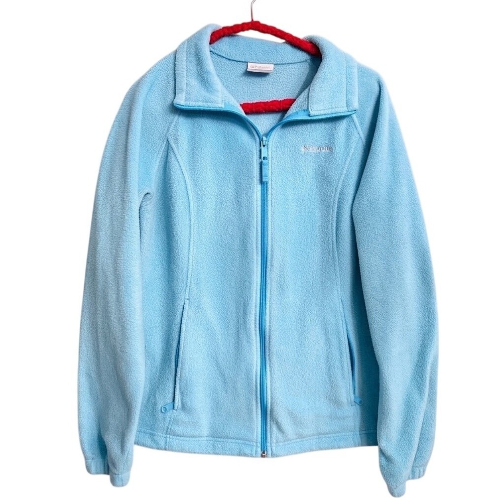 Columbia Fleece Jacket Womens Large Light Blue Full Zip Mock Neck